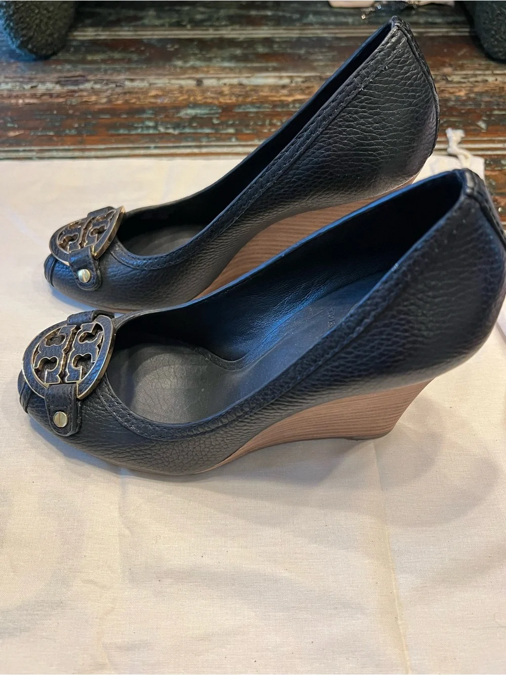 Tory Burch Black Leather Peep-Toe Heels with Logo Medallions